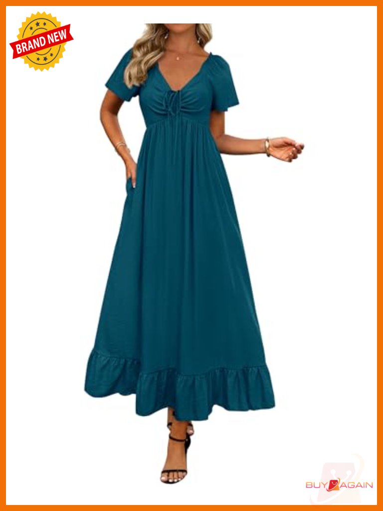 Casual Short Sleeve V Neck Drawstring Wedding Guest Maxi Dress Boho Beach